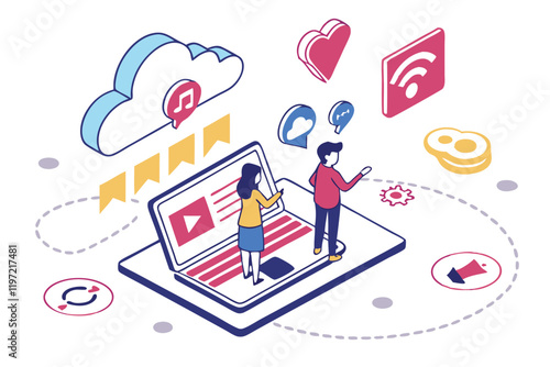 Flat design illustration, social media concept, laptop with tiny people, digital icons floating, colorful app symbols, online communication, vector graphics, minimalist characters, tech lifestyle, clo
