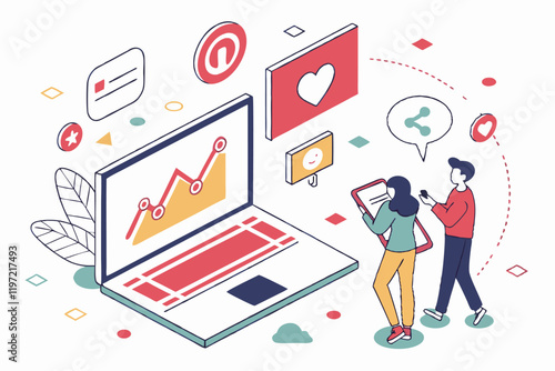 Flat design illustration, social media concept, laptop with tiny people, digital icons floating, colorful app symbols, online communication, vector graphics, minimalist characters, tech lifestyle, clo