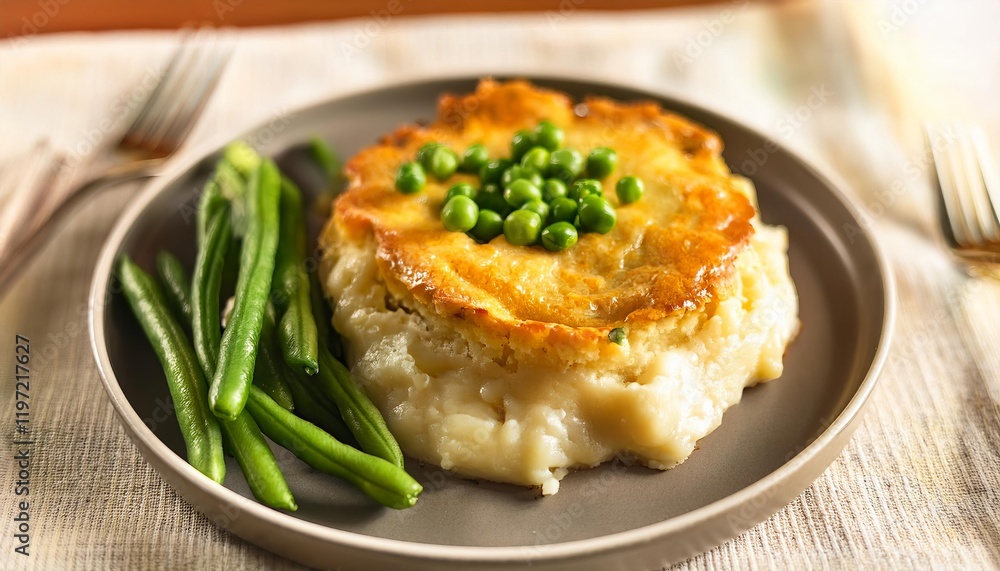 Hearty lentil shepherd's pie with mashed cauliflower topping and green beans Hearty lentil shepherd's pie with mashed cauliflower topping and green beans