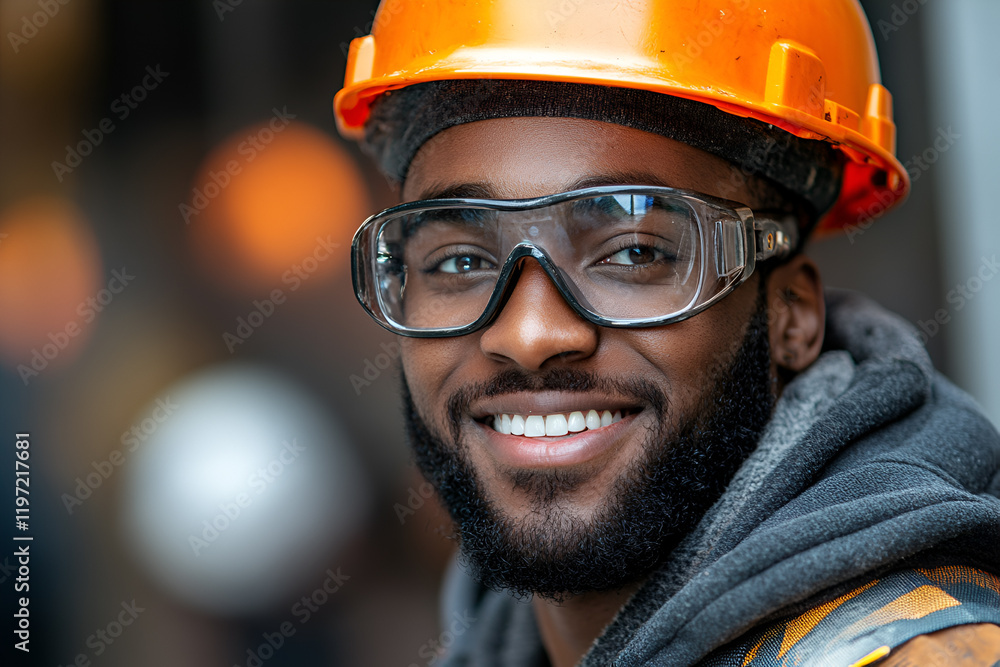 Smiling construction worker in safety gear on industrial site Smiling construction worker in safety gear on industrial site