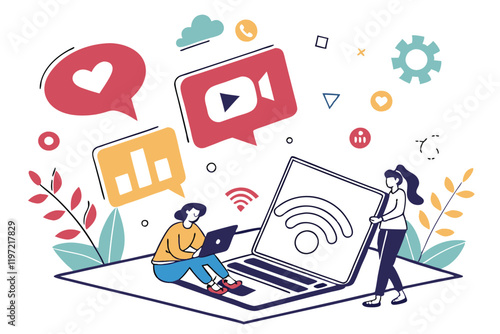 Flat design illustration, social media concept, laptop with tiny people, digital icons floating, colorful app symbols, online communication, vector graphics, minimalist characters, tech lifestyle, clo