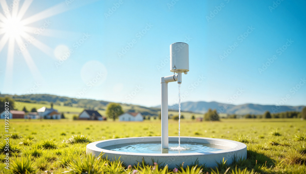 Naklejka premium Modern water pump with basin on sunny rural field