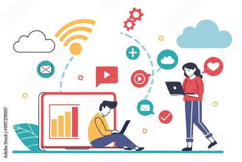 Flat design illustration, social media concept, laptop with tiny people, digital icons floating, colorful app symbols, online communication, vector graphics, minimalist characters, tech lifestyle, clo