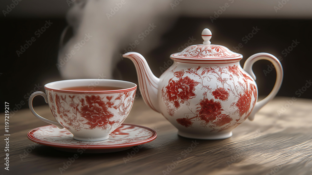 A steaming cup of tea in a delicate porcelain cup and antique porcelain teapot on a wooden table A steaming cup of tea in a delicate porcelain cup and antique porcelain teapot on a wooden table