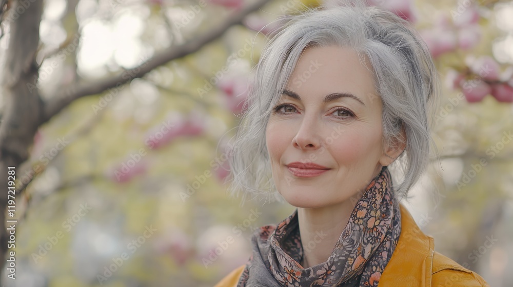 middle aged woman with grey hair in spring park close up portrait middle aged woman with grey hair in spring park close up portrait