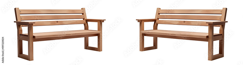 Two elegant wooden benches inviting tranquility and conversation in a serene outdoor atmosphere, perfect for relaxation., cut out,transparent background Two elegant wooden benches inviting tranquility and conversation in a serene outdoor atmosphere, perfect for relaxation., cut out,transparent background