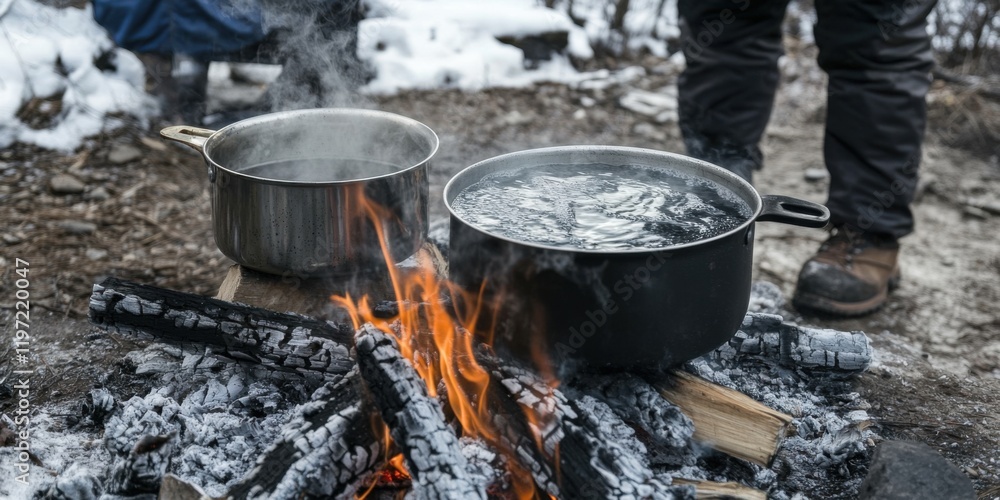 Cooking Meals at a Campsite Over an Open Fire in the Beautiful Winter Wilderness Cooking Meals at a Campsite Over an Open Fire in the Beautiful Winter Wilderness