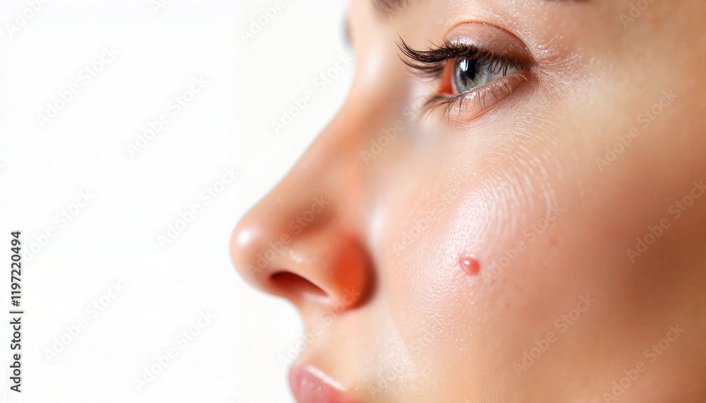 Small irritated spot on cheek near eye in natural light Small irritated spot on cheek near eye in natural light