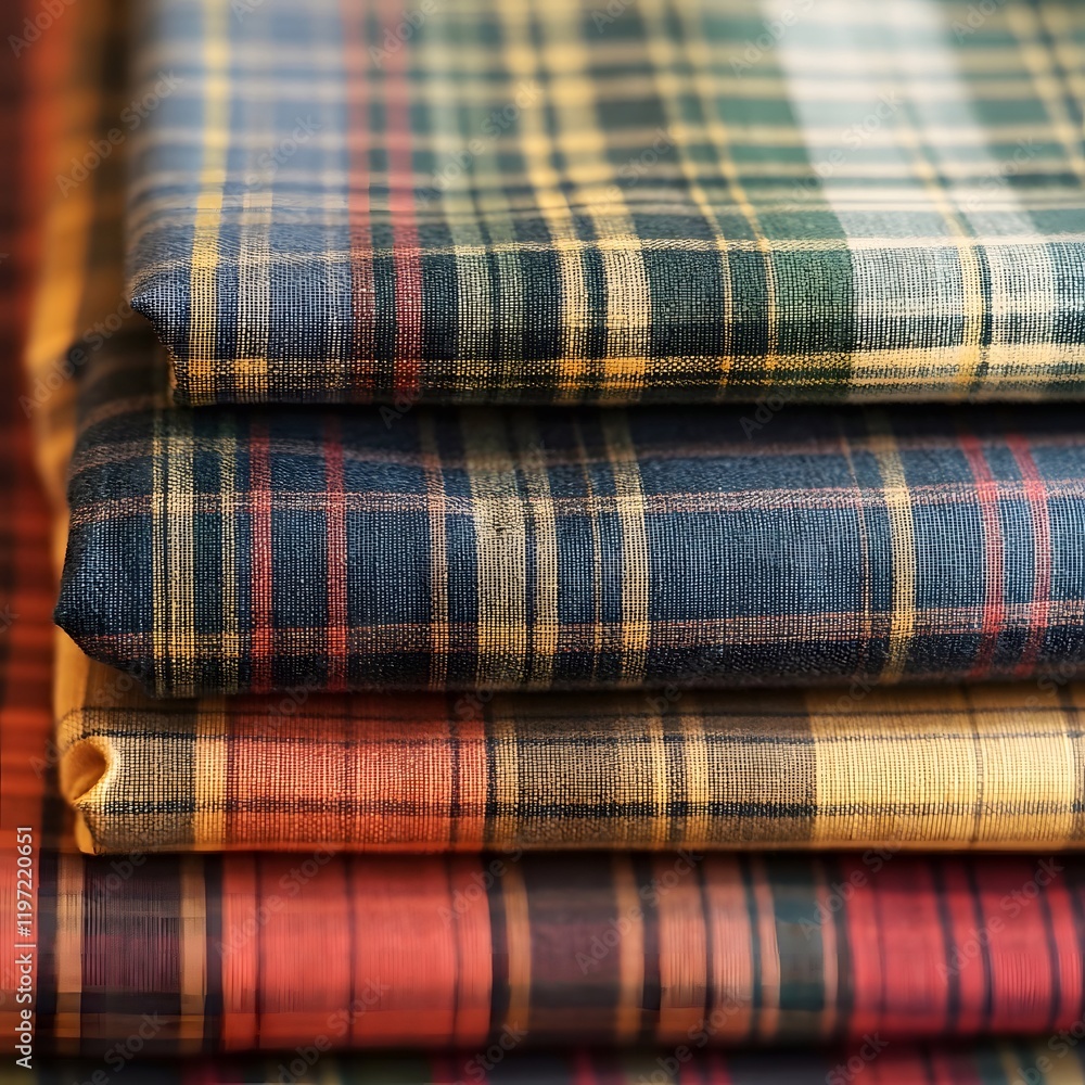 Many folded clothes embroidered with Plaid fabric patterns, fabric shop. Many folded clothes embroidered with Plaid fabric patterns, fabric shop.