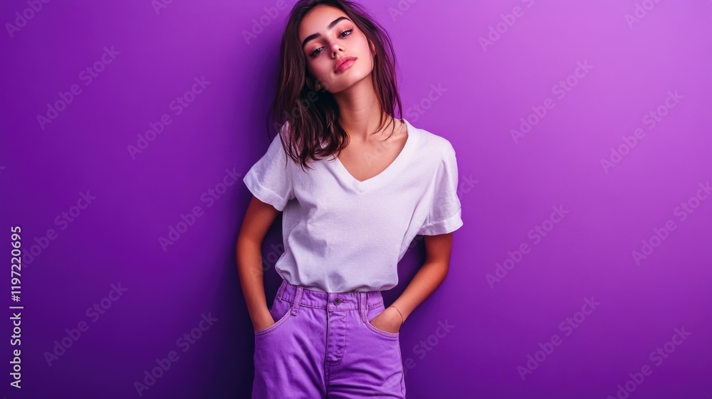 Obraz premium A trendy young woman posing in a casual style against a purple background. She's wearing modern, fashionable clothes and has a relaxed pose.