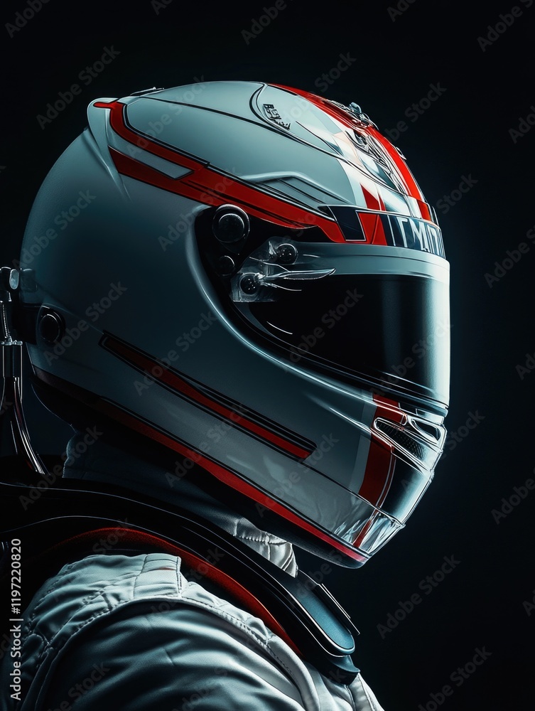 Fototapeta premium Close-up of a professional racing helmet, showcasing its sleek design and reflective visor. Ideal for motorcycle racing or automotive sportswear.