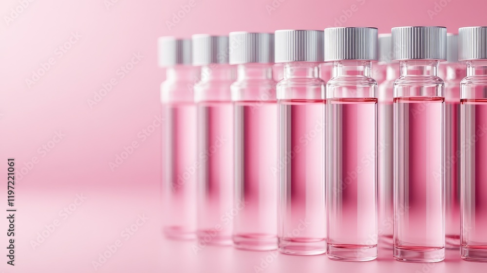 Row of small, clear bottles filled with pink liquid, against backdrop Row of small, clear bottles filled with pink liquid, against backdrop