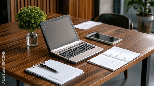 Wallpaper Mural A Modern Laptop Computer Elegantly Placed on a Warm Wooden Desk Surrounded by Natural Light Creating a Productive and Inviting Workspace Atmosphere Torontodigital.ca