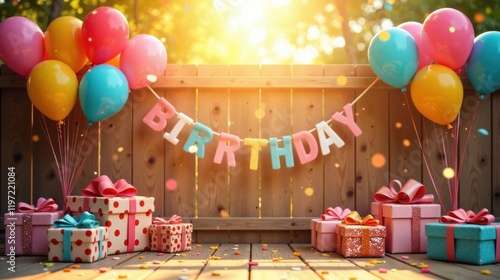 Wallpaper Mural Festive Birthday Celebration with Balloons, Gifts, and Banner on Wooden Deck Torontodigital.ca