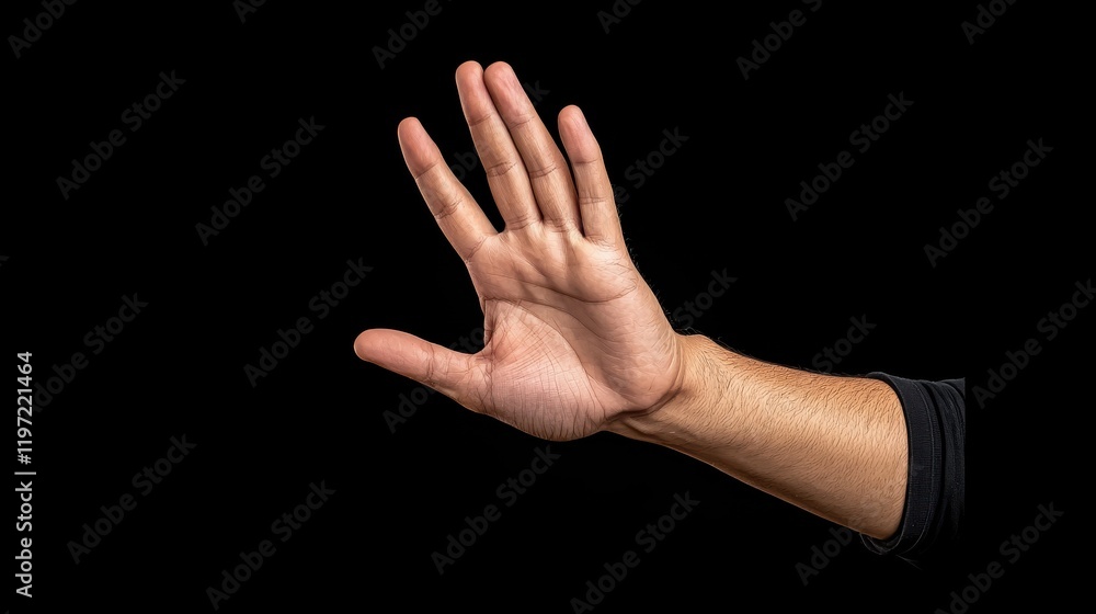 man hand raised against black background, symbolizing gesture of stop or pause. image captures details of hand and arm, conveying clear message man hand raised against black background, symbolizing gesture of stop or pause. image captures details of hand and arm, conveying clear message