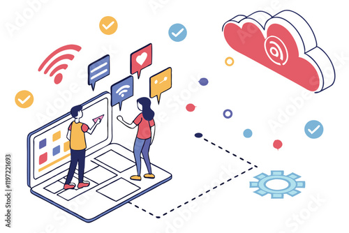 Flat design illustration, social media concept, laptop with tiny people, digital icons floating, colorful app symbols, online communication, vector graphics, minimalist characters, tech lifestyle, clo