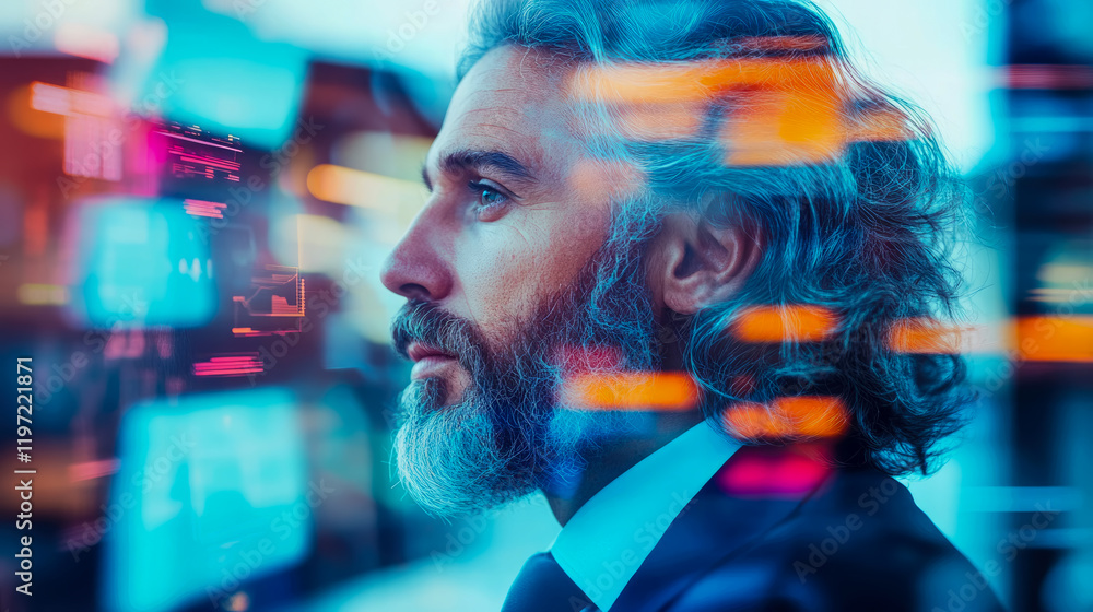 Executive Contemplating Digital Data Streams: A Modern Business Portrait Executive Contemplating Digital Data Streams: A Modern Business Portrait
