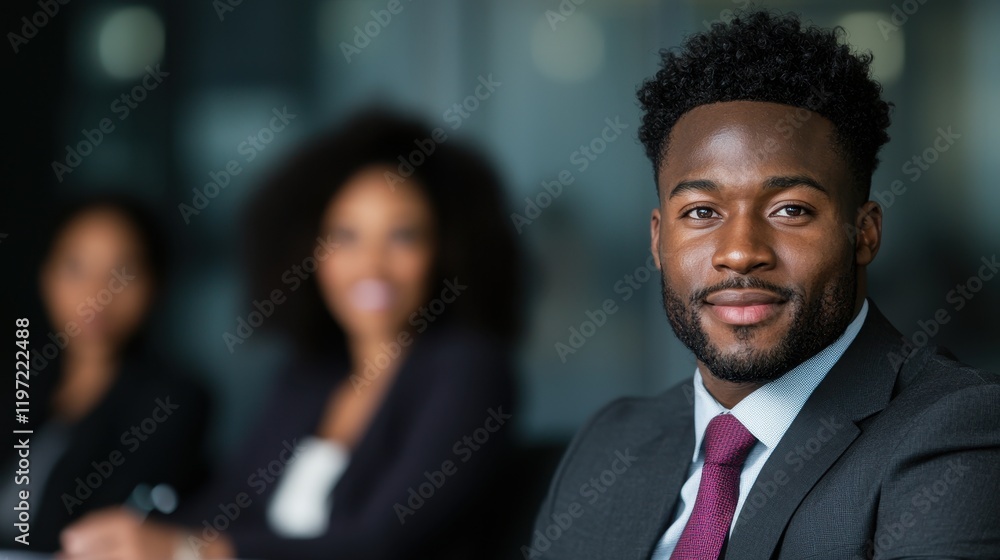 Confident Businessman in Professional Setting with Colleagues in Background at Meeting Room Confident Businessman in Professional Setting with Colleagues in Background at Meeting Room