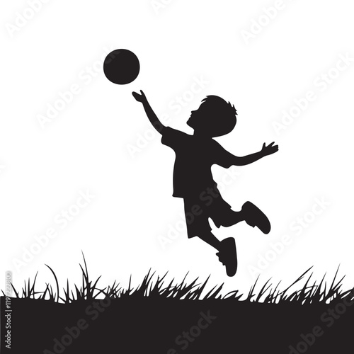 Kid playing with a ball on a grassy ground silhouette vector illustration