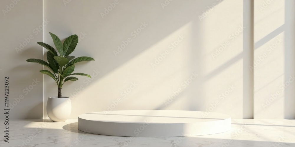 Minimalist Product Display White Circular Platform with Potted Plant and Sunlight Shadows on Marble Floor Minimalist Product Display White Circular Platform with Potted Plant and Sunlight Shadows on Marble Floor
