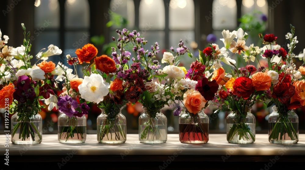 Fototapeta premium Vibrant Floral Arrangements in Glass Jars Against a Soft Focus Background