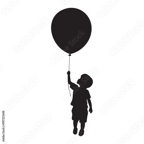 Kid holding a big balloon silhouette vector illustration