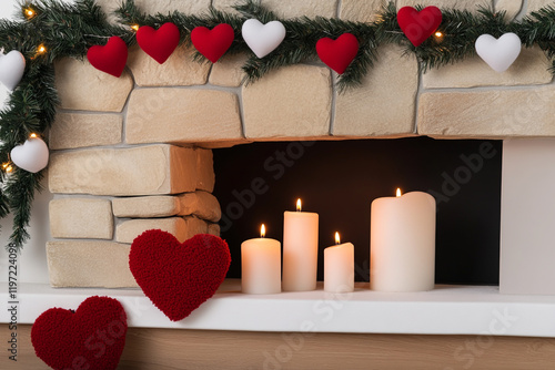 A cozy Valentine's Day fireplace setup with a garland of hearts and glowing candles - Perfect for romantic winter themes photo