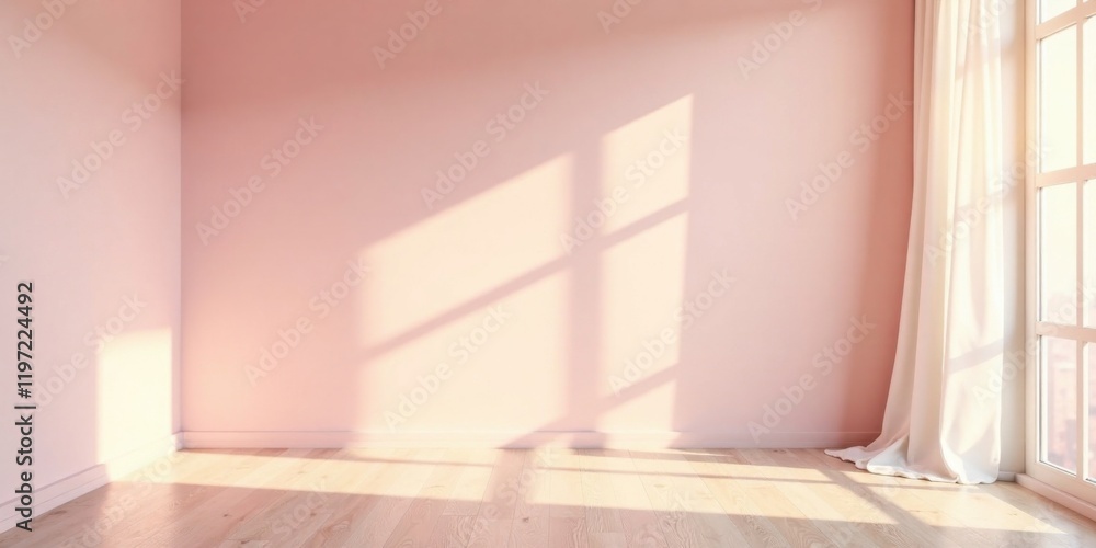 Fototapeta premium Empty Room with Sunlight Streaming Through Sheer Curtains and Light Pink Walls