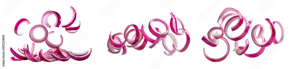 Flying or falling fresh sliced onion on transparent PNG or white background. purple onion rings. Flying or falling fresh sliced onion on transparent PNG or white background. purple onion rings.