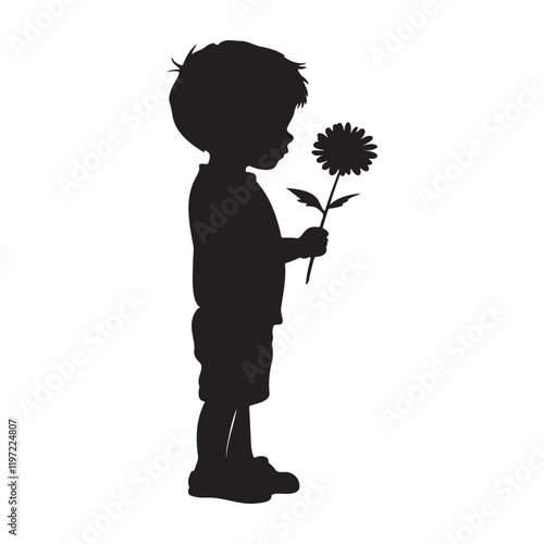 Kid holding a flower side view pose silhouette vector illustration