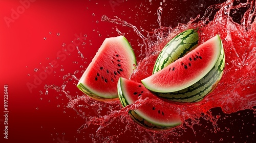 Brightly colored watermelon slices splash into refreshing liquid against a vibrant background