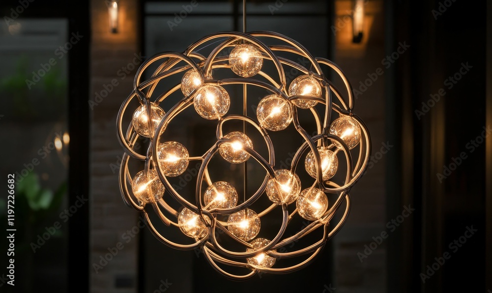 A spherical light fixture with many glowing bulbs. A spherical light fixture with many glowing bulbs.