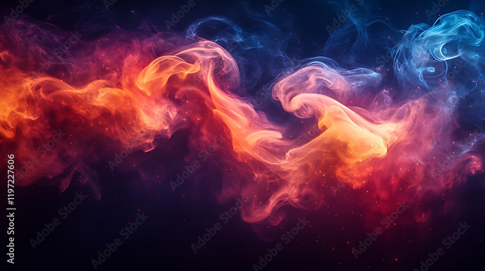 Fototapeta premium Abstract red, orange, and blue smoke swirls on dark background.