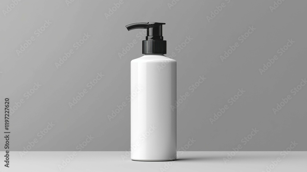 A sleek, modern white pump bottle stands against a gray background. Ideal for cosmetics or personal care products, showcasing minimalistic design. A sleek, modern white pump bottle stands against a gray background. Ideal for cosmetics or personal care products, showcasing minimalistic design.