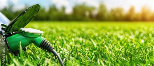 Electric vehicle charging station on lush green grass nature environment close-up view sustainable energy concept photo