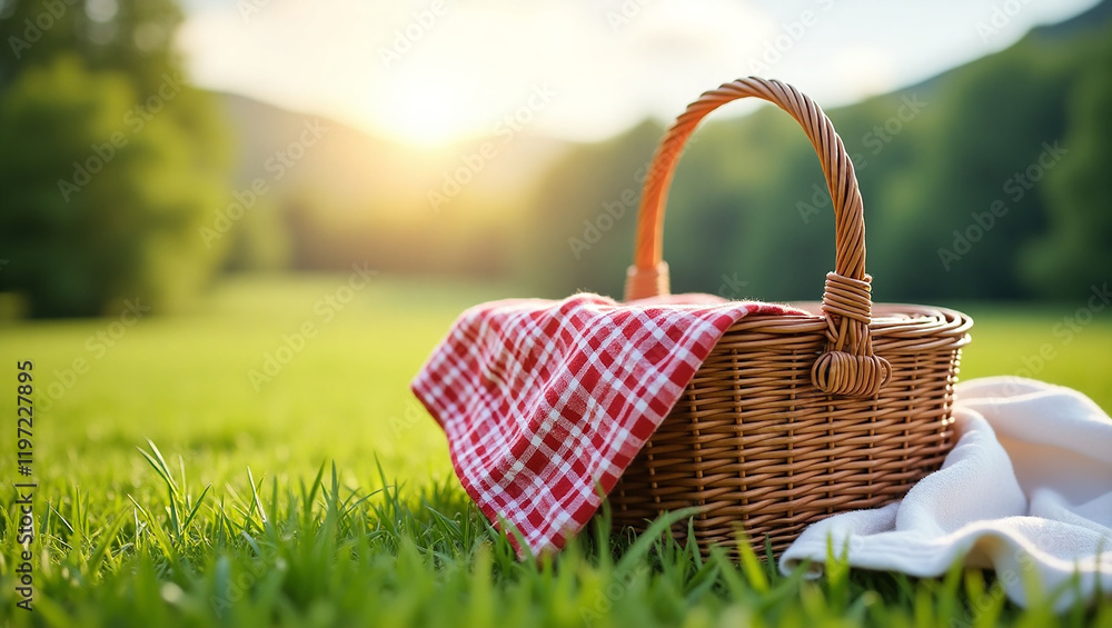 picnic basket on the meadow picnic basket on the meadow