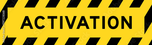 Yellow and black color with line striped label banner with word activation