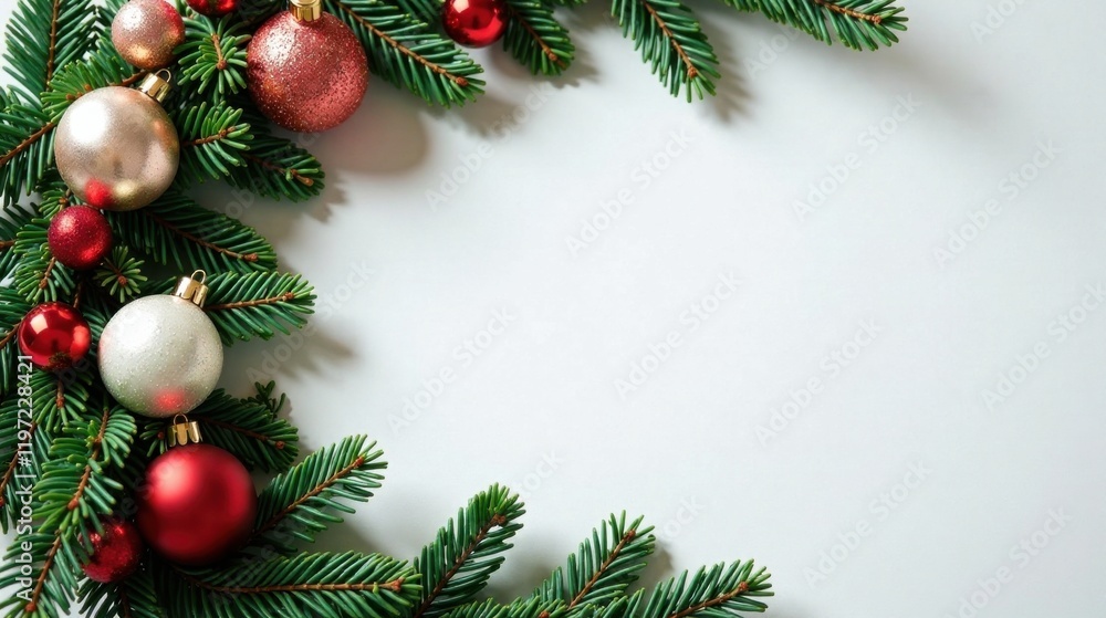 Festive Evergreen Border with Sparkling Ornaments and Blank Space for Winter Holiday Message Festive Evergreen Border with Sparkling Ornaments and Blank Space for Winter Holiday Message