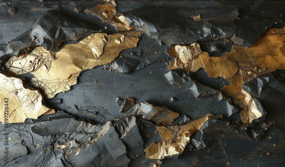 Abstract black background with matte and reflective gold and silver patches Abstract black background with matte and reflective gold and silver patches