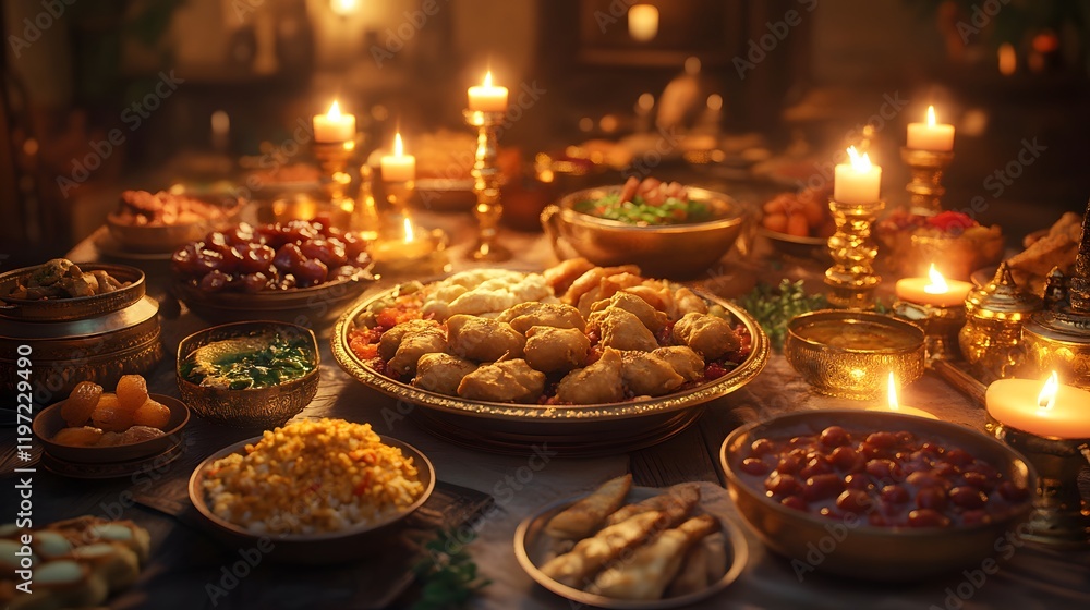 A beautifully arranged feast with various dishes and candles, creating a warm atmosphere. A beautifully arranged feast with various dishes and candles, creating a warm atmosphere.