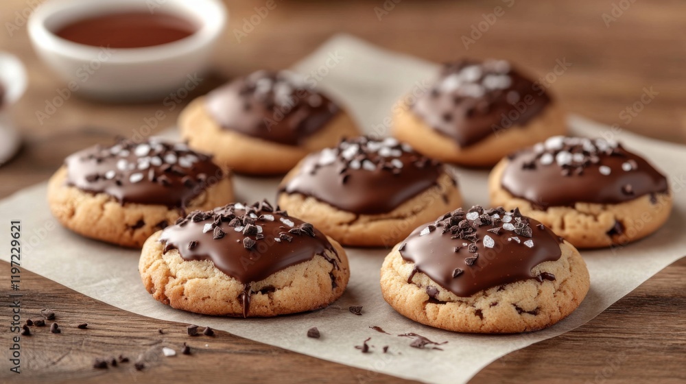 Delicious cookies with melted chocolate and sea salt, placed on parchment paper Delicious cookies with melted chocolate and sea salt, placed on parchment paper