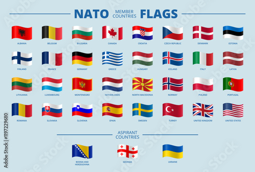 Wavy flags of NATO members and aspirations countries.