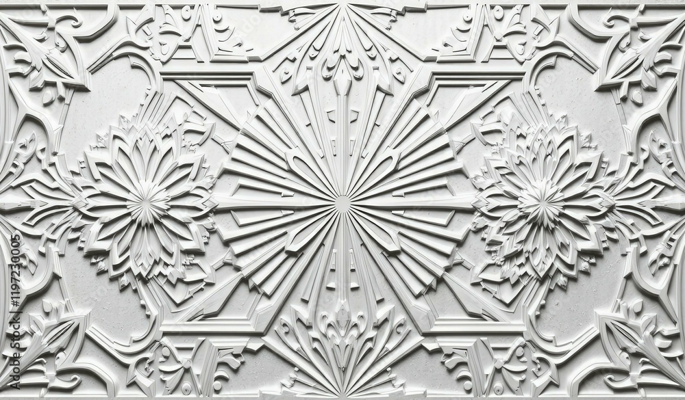 Close up of white decorative panel with intricate Art Deco design and symmetrical patterns Close up of white decorative panel with intricate Art Deco design and symmetrical patterns