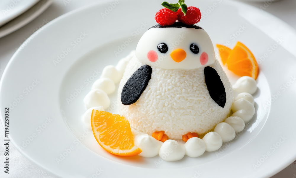 Fototapeta premium Cute penguin-shaped dessert with whipped cream and orange slices on white plate