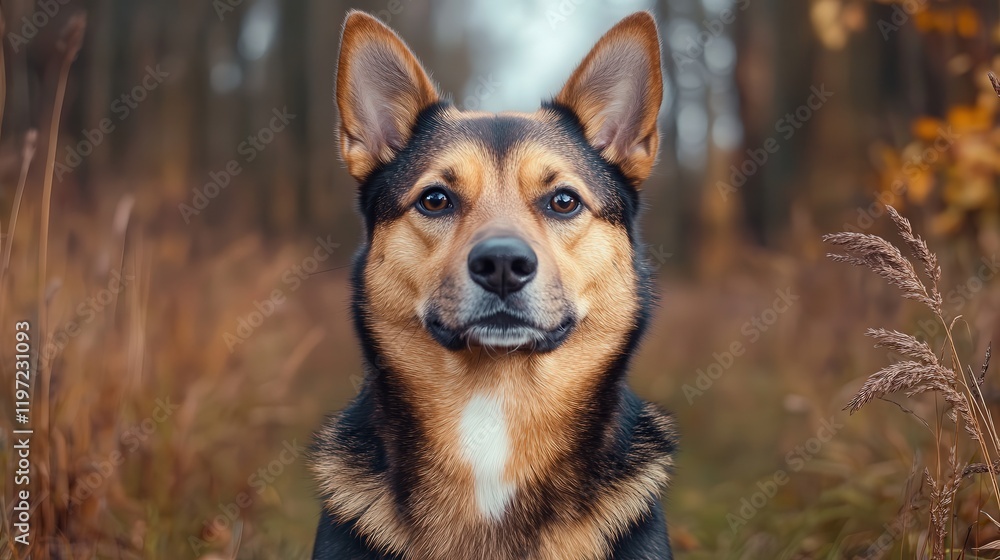 Fototapeta premium Adorable Dog Gazing at Camera in Lush Green Field Surrounded by Vibrant Wildflowers under a Clear Blue Sky Evoking Joyful and Playful Spirit