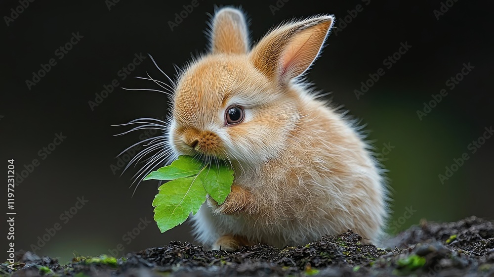 Fototapeta premium Adorable bunny rabbit eating leaf, outdoors, dark background, pet, nature