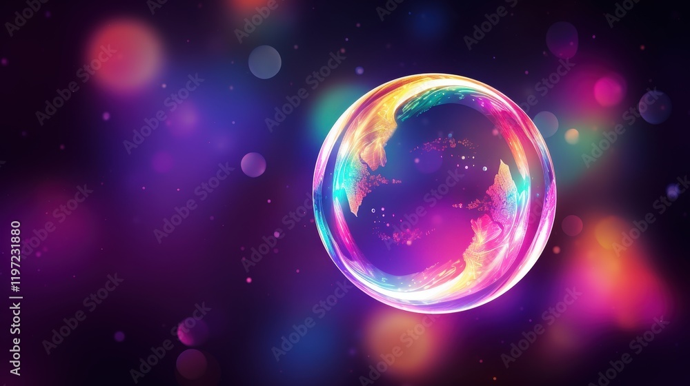 Vibrant Iridescent Soap Bubble Surrounded by Colorful Bokeh Lights on a Dark Background Capturing Magic and Whimsy in Abstract Form Vibrant Iridescent Soap Bubble Surrounded by Colorful Bokeh Lights on a Dark Background Capturing Magic and Whimsy in Abstract Form