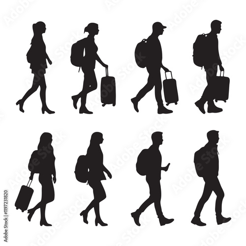 People with suitcase walking pose silhouette vector illustration
