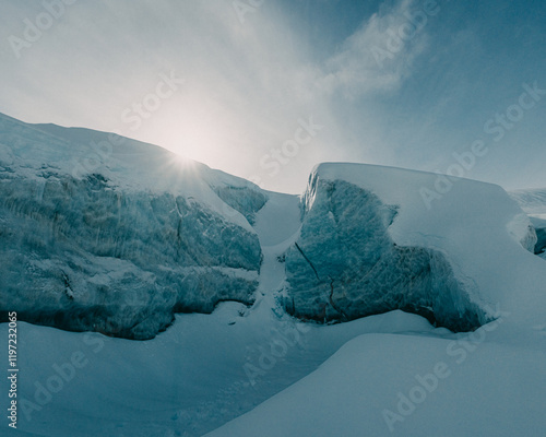 Ice formations on Langjokull Glacier in South Iceland, showcasing the raw beauty of Icelandic nature. photo