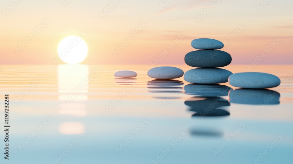 Warm golden light from a setting sun reflecting on the surface of calm water, illuminating several smooth stones and creating a vibrant and peaceful scene. Warm golden light from a setting sun reflecting on the surface of calm water, illuminating several smooth stones and creating a vibrant and peaceful scene.